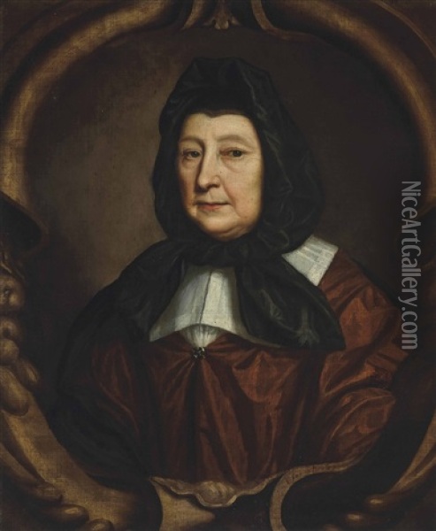 Portrait Of Lady Kingsmill (d.1682), Half-length, In A Red Coat And Black Headdress, In A Sculpted Cartouche Oil Painting - Mary Beale