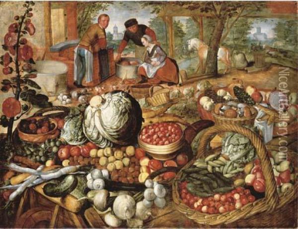 A Greengrocer's Stall With The Flight Into Egypt Beyond Oil Painting - Joachim Beuckelaer