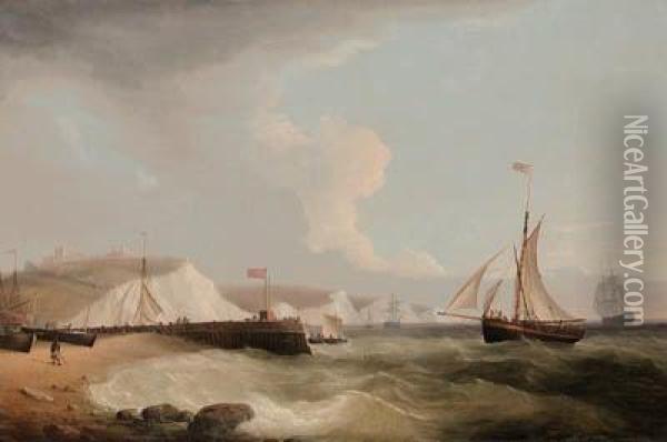 A Mail-cutter, Men-o'-war And Other Vessels Below Dovercastle Oil Painting - Thomas Whitcombe