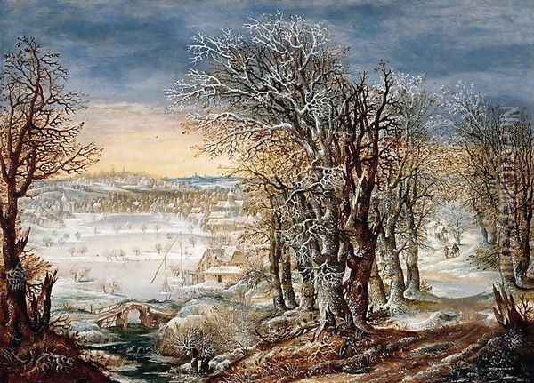 Winter Landscape in the Fôret de Soignes, with the Flight Into Egypt Oil Painting - Denys Van Alsloot