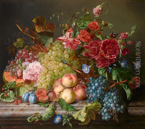 Still Life With Fruit And Flowers On A Ledge Oil Painting - Kaercher Amalie