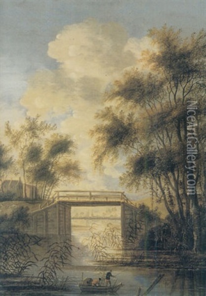 River Landscape With A Bridge Oil Painting - Jacob Van Der Croos