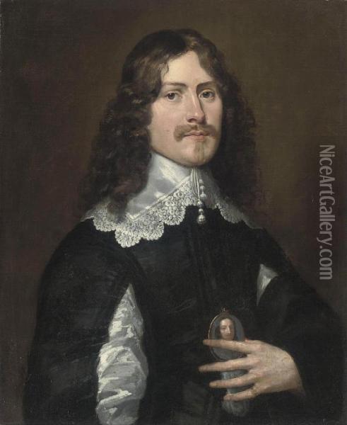 Portrait Of A Gentleman, Half-length, In A Black Slashed Doublet And White Lace Collar, A Miniature In His Left Hand Oil Painting - Gerrit Van Honthorst
