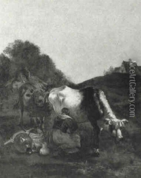 Milkmaid And Two Cows In Pasture Oil Painting - Albert Jansz Klomp