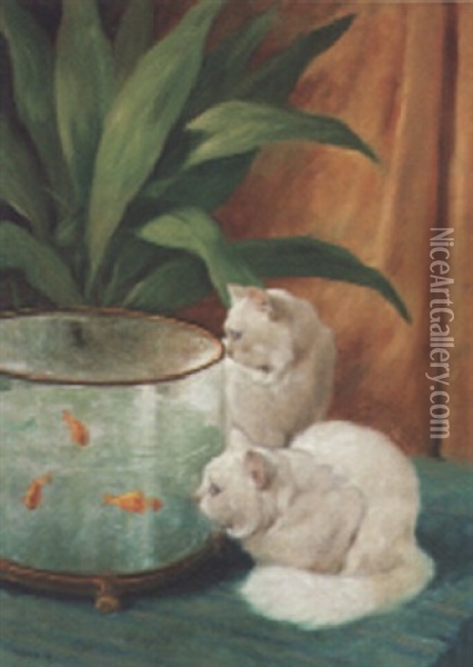 Two White Persian Cats Looking Into A Goldfish Bowl Oil Painting - Arthur Heyer