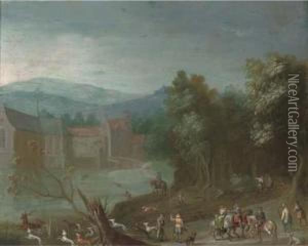 A Wooded River Landscape With A Stag Hunt, A Castle Beyond Oil Painting - Anton Mirou
