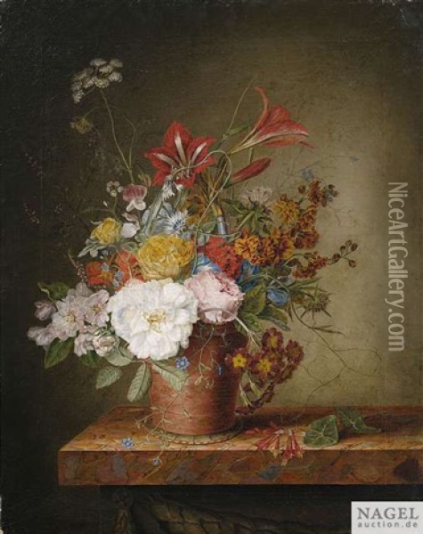 Blumenstilleben Mit Rosen Und Lilien Im Tontopf Auf Einer Marmorkonsole Oil Painting - Adriana Van Ravenswaay