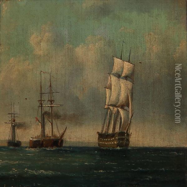 En Russisk Fregate 2 Daekker Under Opsejling I Sundet Oil Painting - Emanuel Larsen