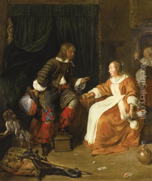 An Officer Paying Court To A Young Woman Oil Painting - Gabriel Metsu