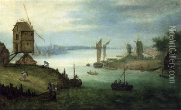 A River Landscape With Ferry At A Landing Stage By A Windmill Oil Painting - Jan Brueghel the Elder