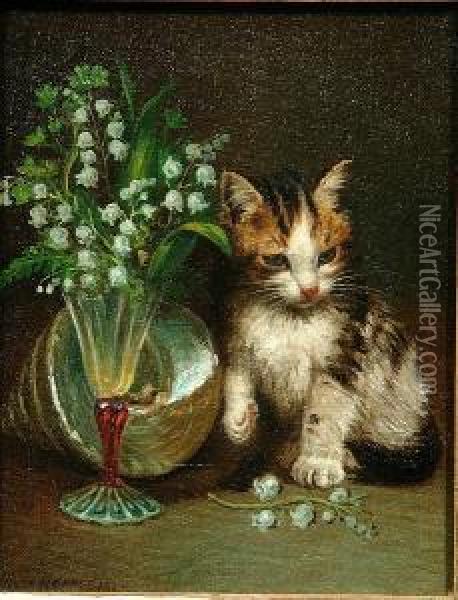 Kitten By A Vase Of Snowdrops Oil Painting - Wilson Hepple