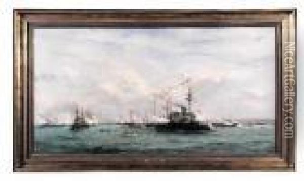 L'escadre Francaise Dans La Rade De Cherbourg Lors De La Venue Du
 Tsar Nicolas Ii Le 5 Octobre 1896 Oil Painting - Robert Mols