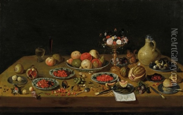 Fruchtestillleben Mit Blumen-tazza, Eichhornchen Und Steinkrug Oil Painting - Jan van Kessel the Elder