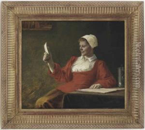 Lesende Dame Im Roten Kleid Oil Painting - August Rieper