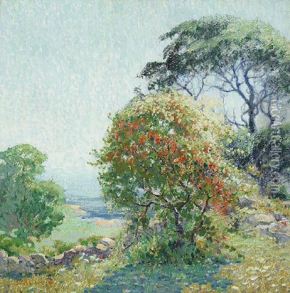 Wild Cherries In A Lush Landscape Oil Painting - Joseph Pierre Birren