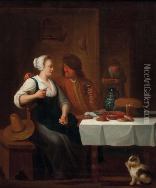 Junge Frau Und Verehrer Am Tisch Oil Painting - Abraham Diepraam