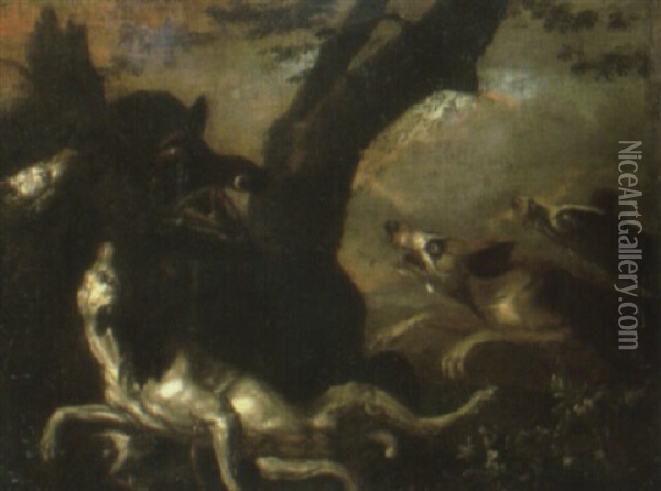 Dogs Attacking A Boar Oil Painting - Abraham Danielsz Hondius
