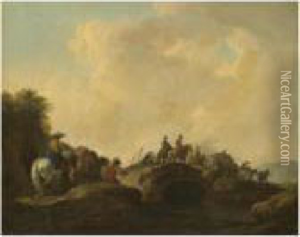A Landscape With Travellers On A Path Crossing A Bridge Oil Painting - Francesco Giuseppe Casanova