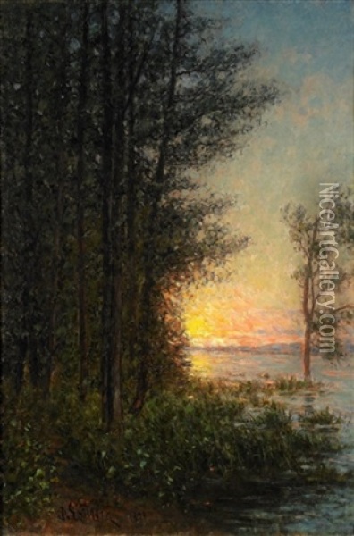 Solnedgang Over Strandlandskap Oil Painting - Per Ekstroem