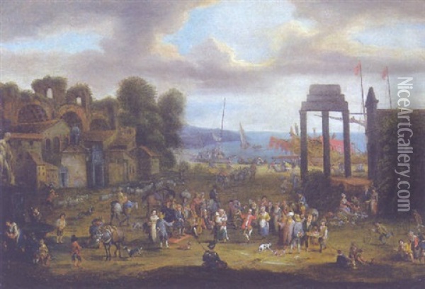 Fete Villageoise Sur La Grand Place D'un Port Oil Painting - Pieter Bout