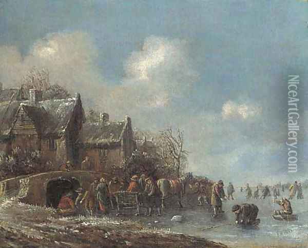 A winter landscape with villagers on a frozen lake Oil Painting - Thomas Heeremans