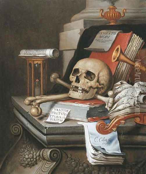 A vanitas still life with an hour glass, a skull and crossbones, a scroll, two books, music scores, a flute, a violin, a sheet of paper Oil Painting - Edwaert Collier