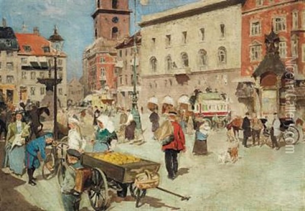 Street Life In Gammel Torv In Copenhagen With A Postman And A Fruit Stall Oil Painting - Erik Ludwig Henningsen