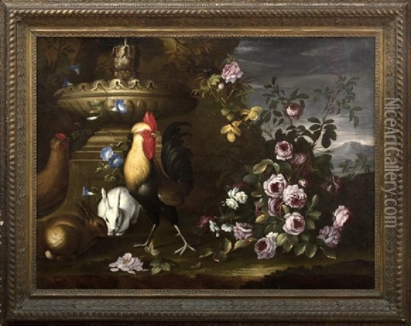Still Life With A Cockerel, Hen And Rabbits Gathered Around A Classical Vessel Oil Painting - Pieter Casteels III