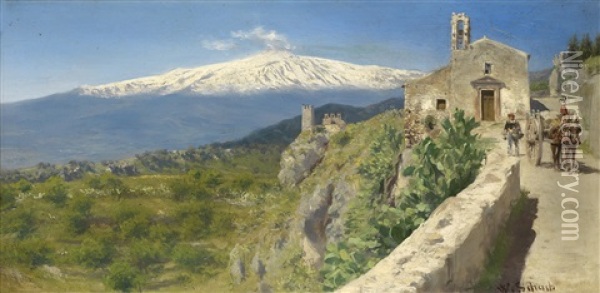 Motiv Aus Taormina Mit Blick Auf Den Atna Oil Painting - Werner Wilhelm Gustav Schuch