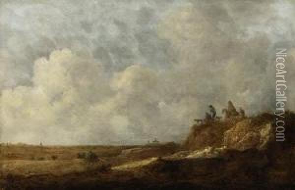 An Extensive Landscape With Peasants On A Sandy Bluff, A Church Inthe Distance Oil Painting - Jan Coelenbier