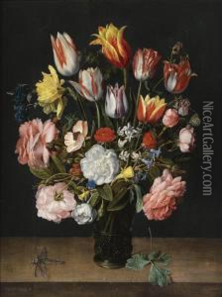 A Still Life Of Tulips, Roses, Bluebells, Daffodils, A Peony Andother Flowers In A Glass Roemer On A Wooden Ledge With Adragonfly Oil Painting - Jacob van Hulsdonck