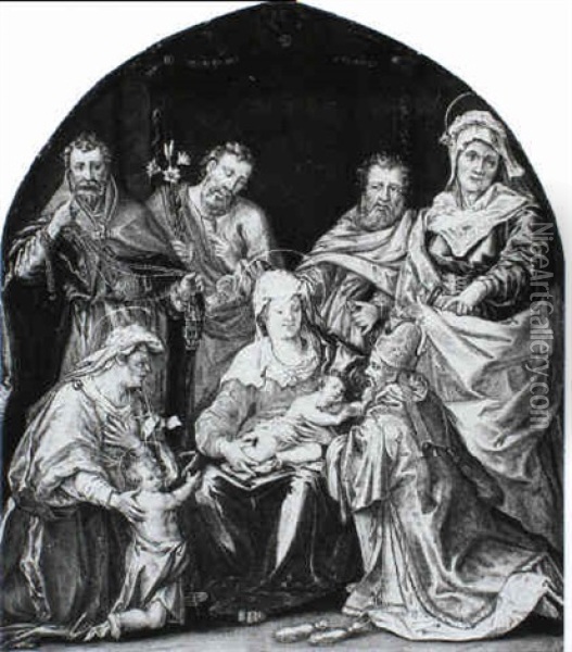 Holy Family With Saints Oil Painting - Hendrick De Clerck