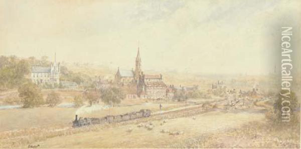 A Steam Engine Pulling Loaded Wagons Through The Industrialnorth Oil Painting - George Weatherill