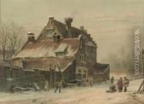 Winter In A Dutch Town Oil Painting - Adrianus Eversen