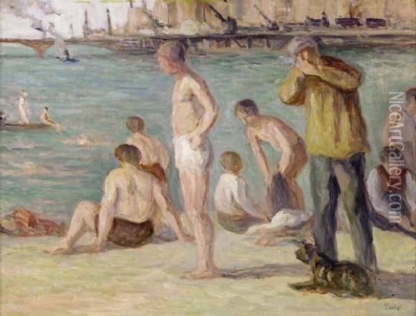Baigneurs Au Bord De La Seine, Circa 1935 Oil Painting - Maximilien Luce