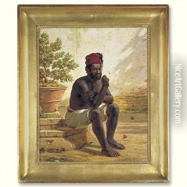 A Seated Nubian Smoking A Cigarette Oil Painting - Martinus Christian Wesseltoft Rorbye