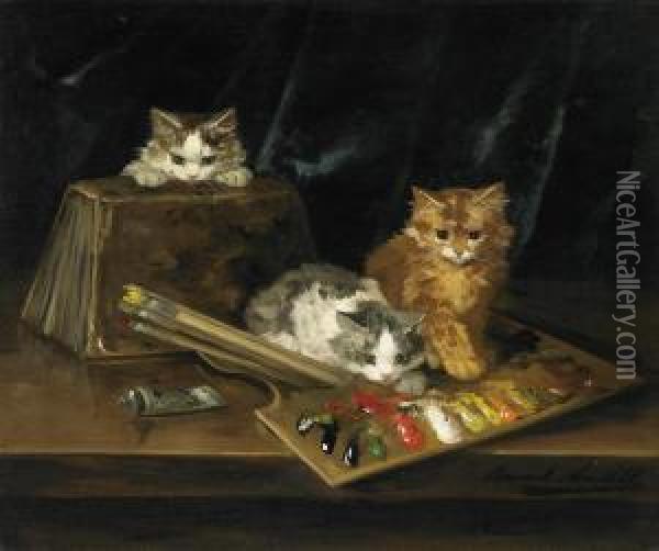 Three Cats With A Colour Palette Oil Painting - Alphonse de Neuville