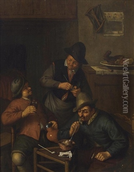 Three Men Smoking A Pipe And Drinking In An Interior Oil Painting - Adriaen Jansz van Ostade