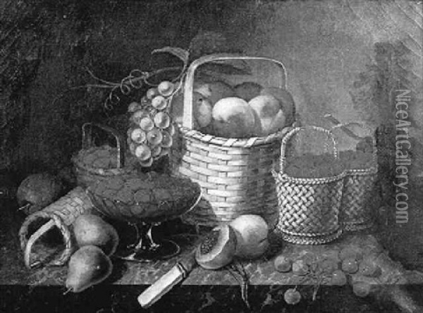 Still Life With Fruit And Baskets Arranged On A Marble Slab Oil Painting - William H. Hoyt