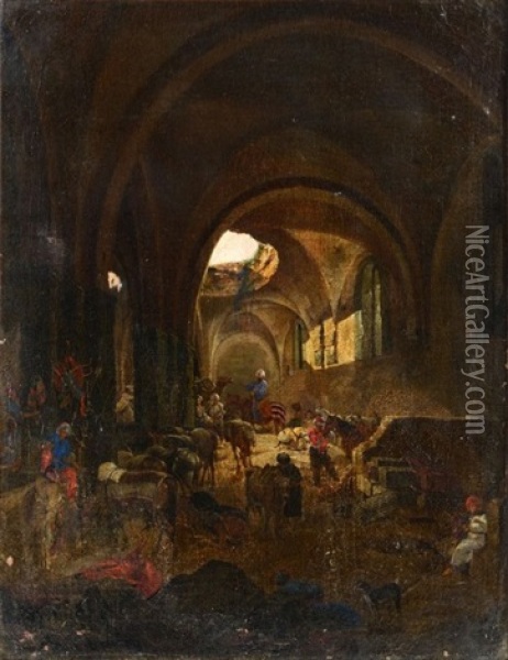 Ottomans Sous La Voute D'une Eglise Eclairee Par Un Oculus Oil Painting - Abraham Louis Rodolphe Ducros