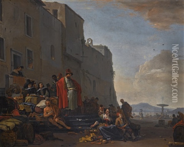 A Mediterranean Harbour Scene With Oriental Merchants Oil Painting - Thomas Wijck