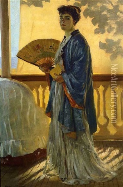 The Fan (the Artist's Wife On The Balcony) Oil Painting - Rupert Bunny