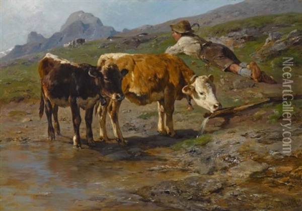Bauernjunge Mit Zwei Kalbern Oil Painting - Anton Braith