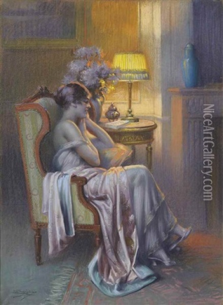 Contemplation By Lamplight Oil Painting - Delphin Enjolras