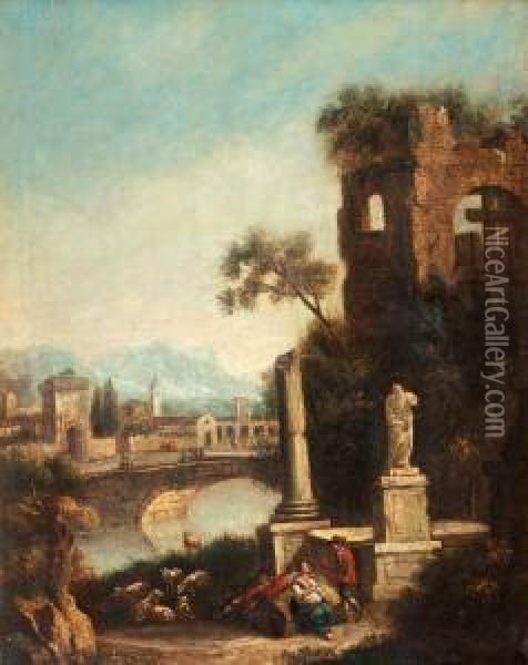 Landscape With Ruins And Figure Oil Painting - Giovanni Battista Pittoni the younger