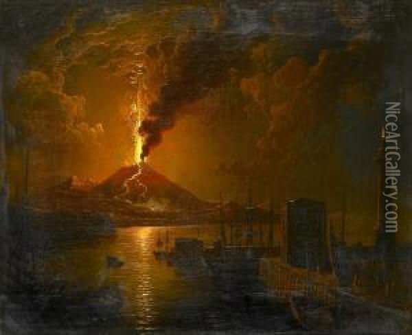A Harbour Scene At Night Illuminated By A Volcanic Eruption Oil Painting - Sebastian Pether