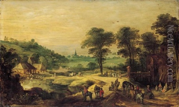 Extensive Landscape With Travellers On A Road Outside A Chateau With A Village Beyond Oil Painting - Joos de Momper the Younger