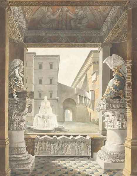 A Roman courtyard seen from a loggia decorated with antique helmets on composite columns and a sarcophagus Oil Painting - Charles Percier