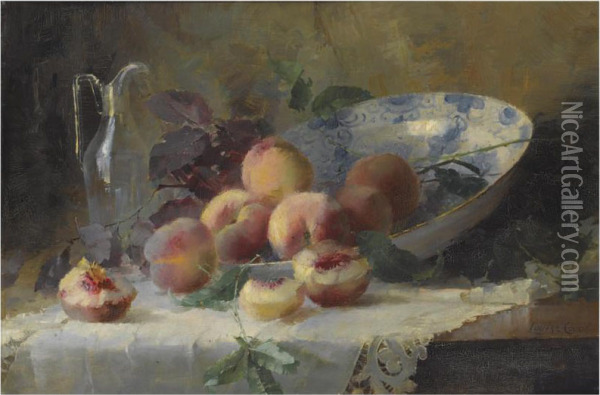 A Still Life With Peaches And A Porcelain Bowl Oil Painting - Louise Coupe