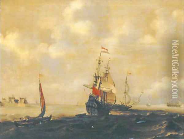 A Dutch three-master and other shipping in a breeze, a city in the distance Oil Painting - Simon De Vlieger